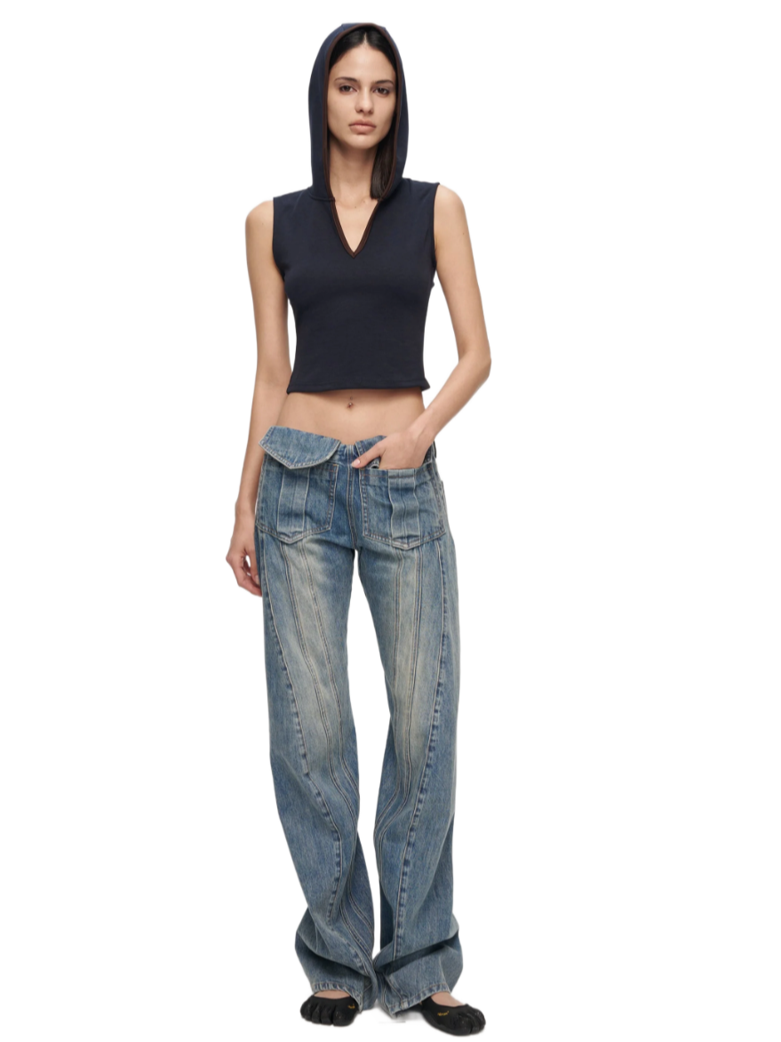 V-Cutout Hooded Sleeveless Trim Top In Dark Blue