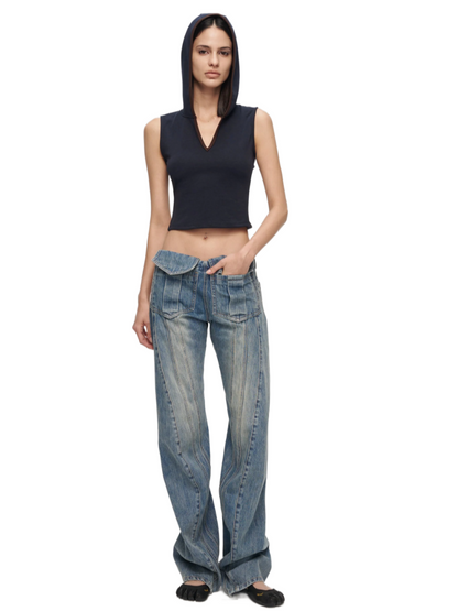 V-Cutout Hooded Sleeveless Trim Top In Dark Blue