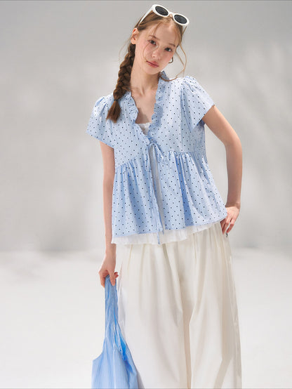 Ruffled Trim Polka Dot Layered Blouse