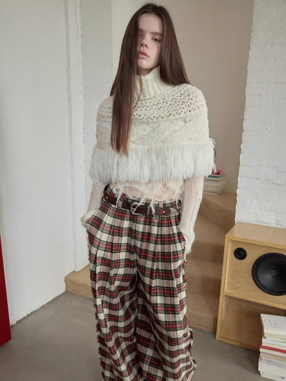 Cable Knit Fringed High-Neck Wool Blend Poncho