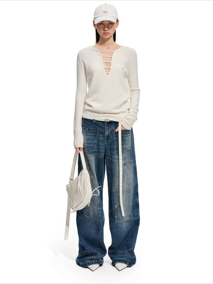 Wide-Leg Vintage Wash Denim Pants