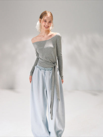 Asymmetric Crystal Logo Tie-Shoulder Fitted Tee
