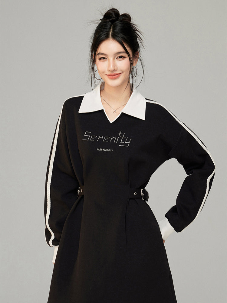 Color-Blocked Waist Cinching Polo V-neck Sweatshirt Dress