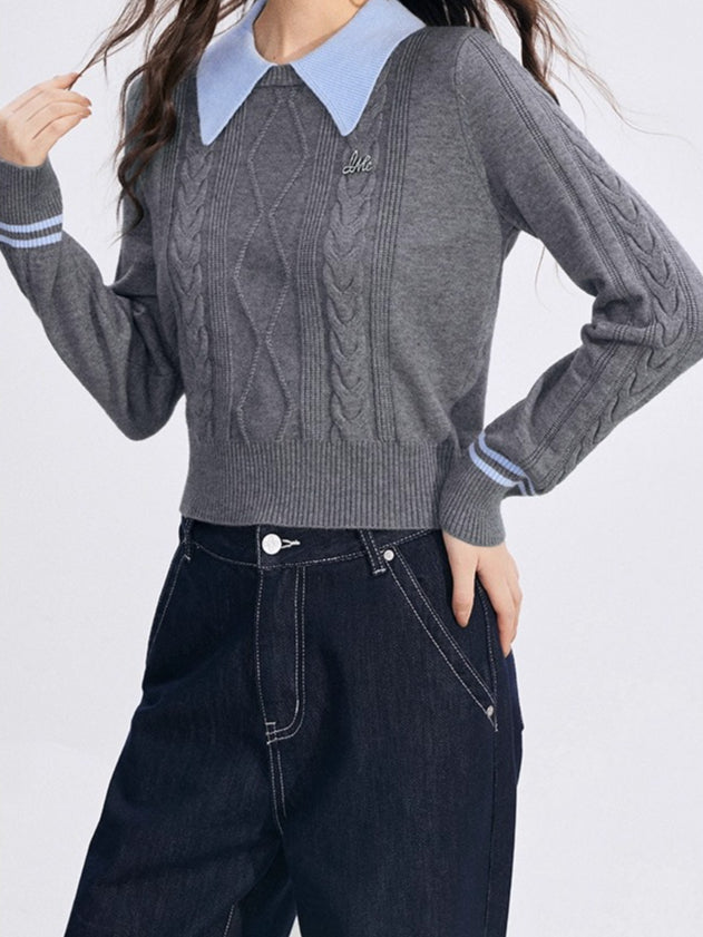 Contrast-Collar Cable-Knit Polo Sweater