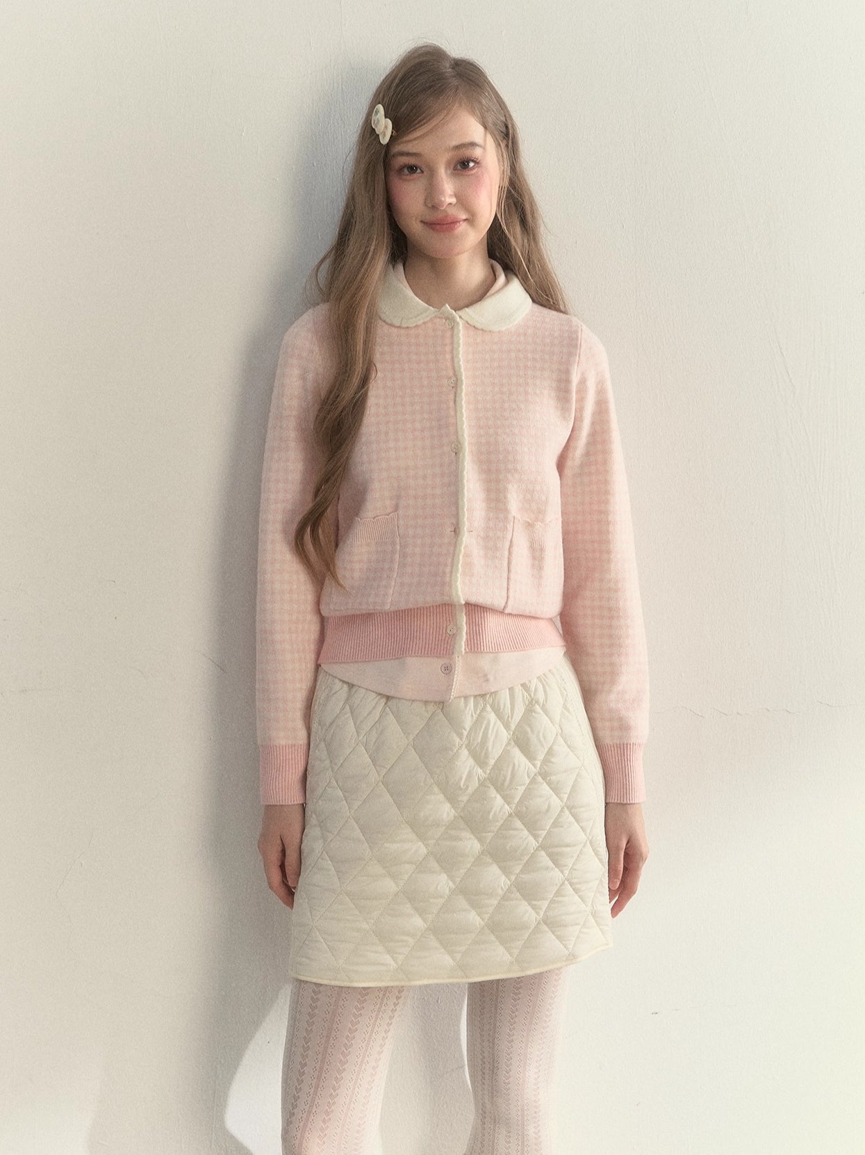 Sweet Pink Gingham Doll Collar Knit Cardigan