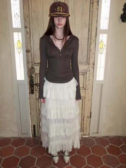 French Lace Layered Tulle Midi Skirt