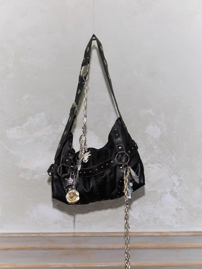 Vintage Studded Wide-Strap Crossbody Bag