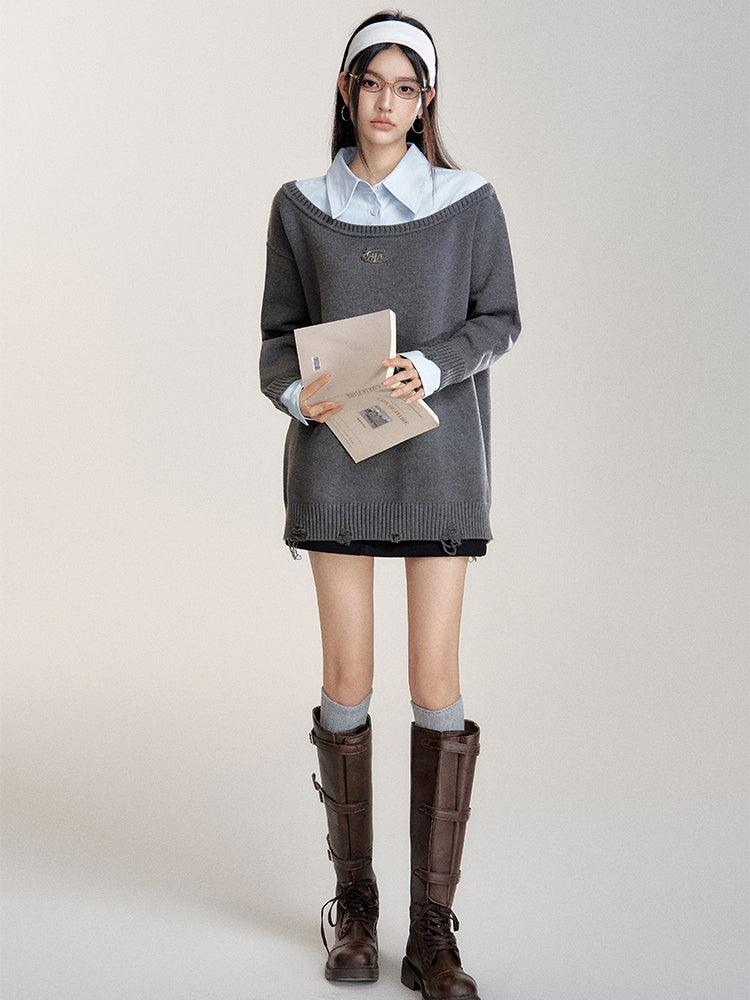 Shirt-Panel Asymmetric Knit Sweater