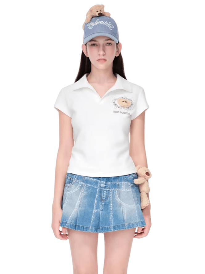 Rhinestone-Embellished Slim-Fit Cropped Polo T-Shirt