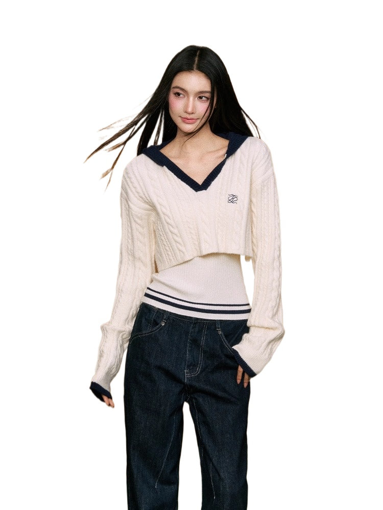 True Two-Piece Contrast Design Hooded Crop Sweater