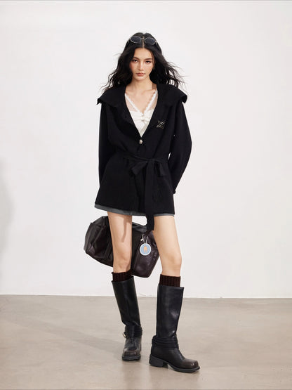 Belted Oversized Collar Knit Coat