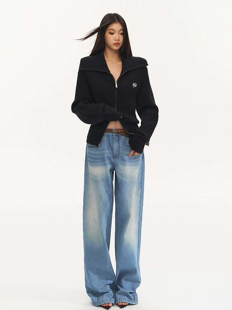 Water-Washed Low-Waist Loose Straight-Leg Pants