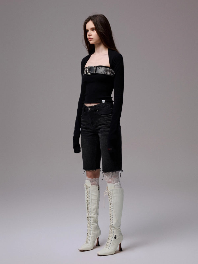 Washed Raw-edge Embroidered Denim Shorts
