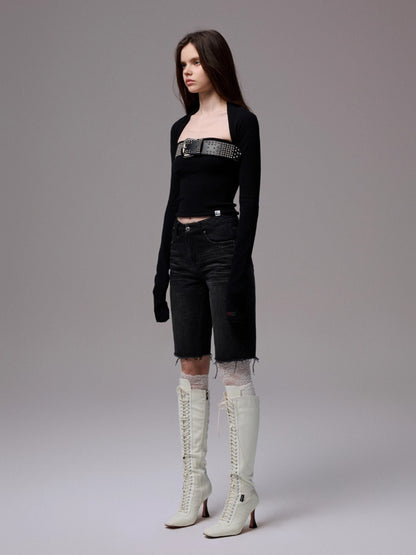 Washed Raw-edge Embroidered Denim Shorts