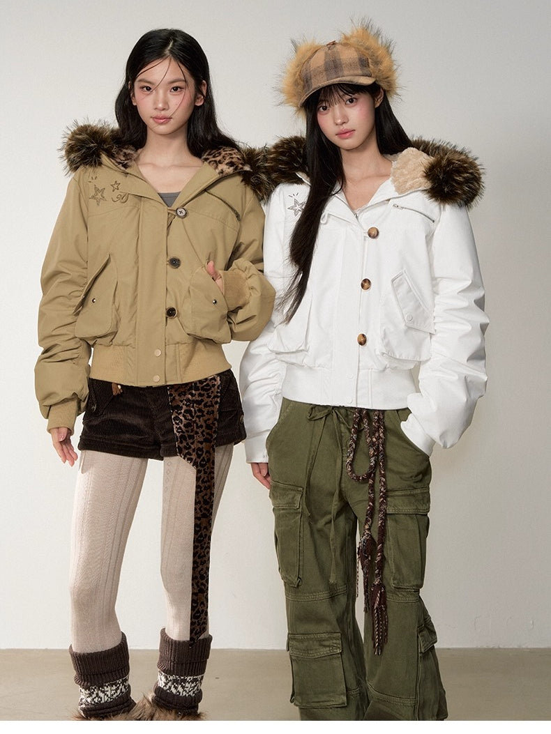 Studded Faux Fur Collar Bomber Down Jacket