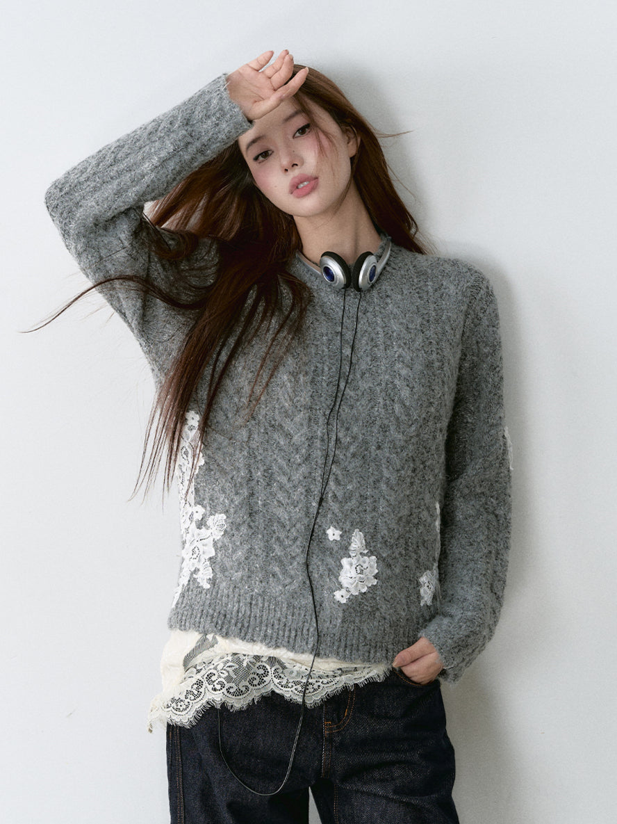 Gray Lace Panel Crewneck Sweater