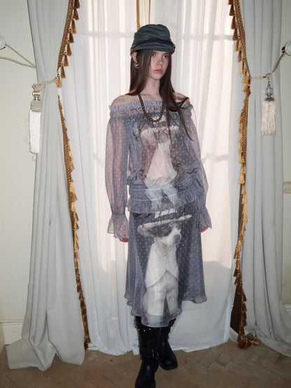 Sheer Chiffon Graphic Long-Sleeve Top