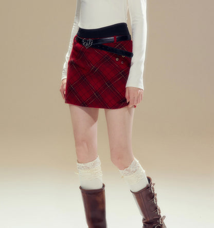 Red Vintage Plaid Woolen Skirt - CHINASQUAD