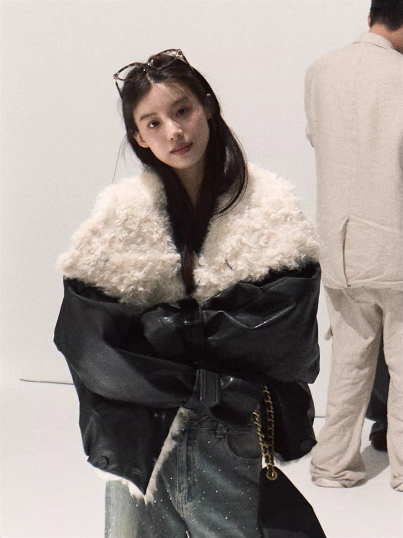 Shearling-Style Short Leather Jacket