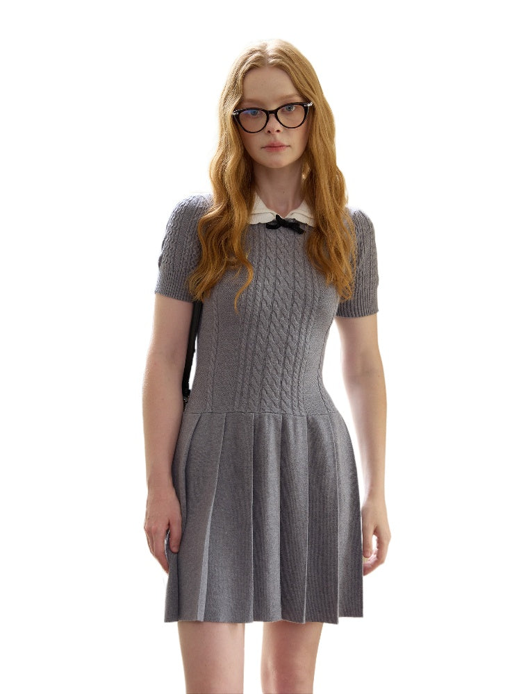 Contrast Collar Knit Pleated Dress - CHINASQUAD