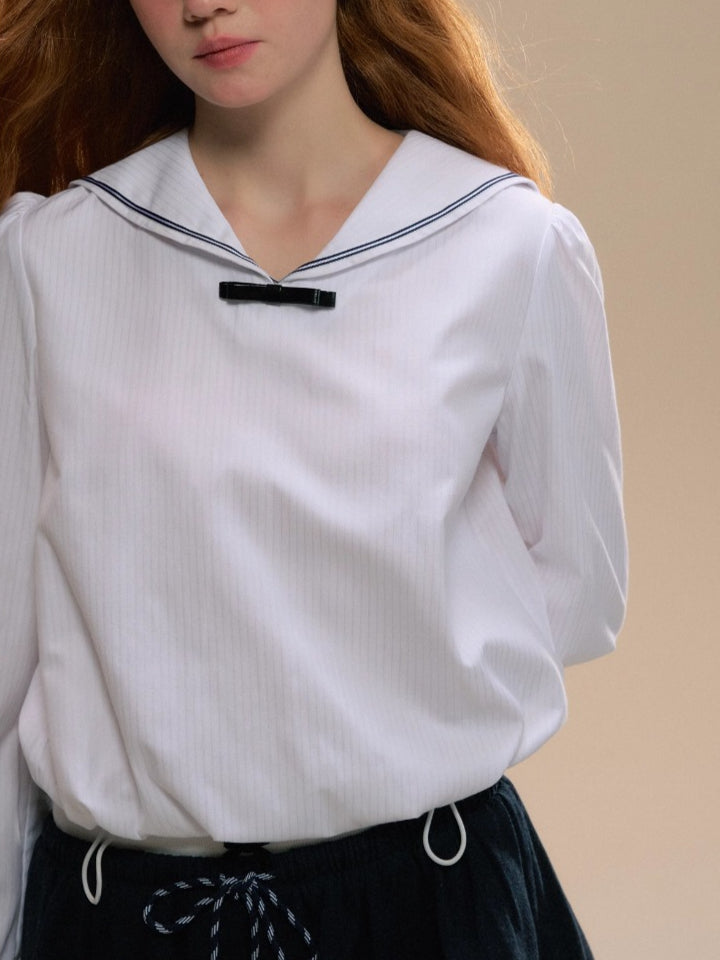 White Navy Collar Retro Long Sleeve Shirt