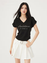 V-neck Waist-cinching Rhinestone Tee - CHINASQUAD