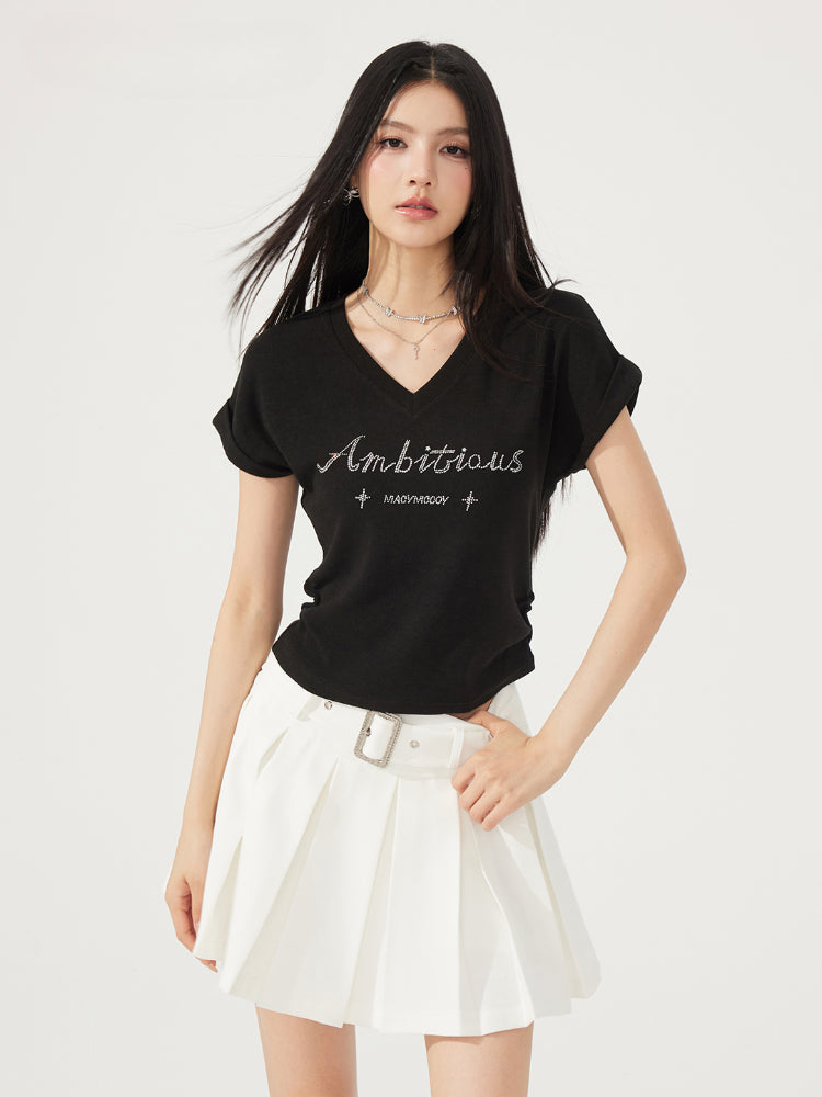 V-neck Waist-cinching Rhinestone Tee - CHINASQUAD