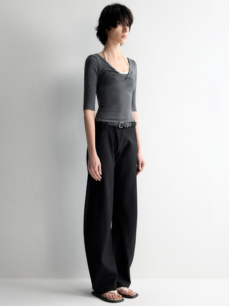 Twist Neck Waist-Tying T-shirt