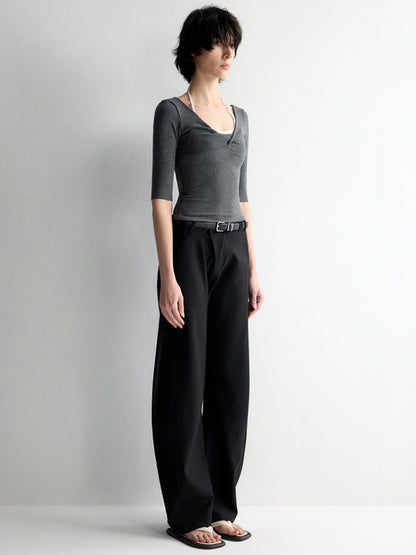 Twist Neck Waist-Tying T-shirt