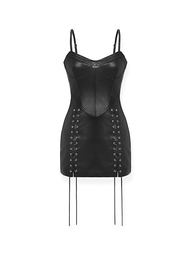 3D Cut Bodycon Spaghetti Strap Leather Dress