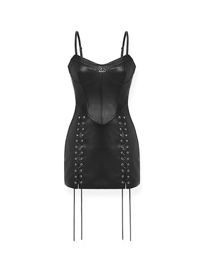 3D Cut Bodycon Spaghetti Strap Leather Dress