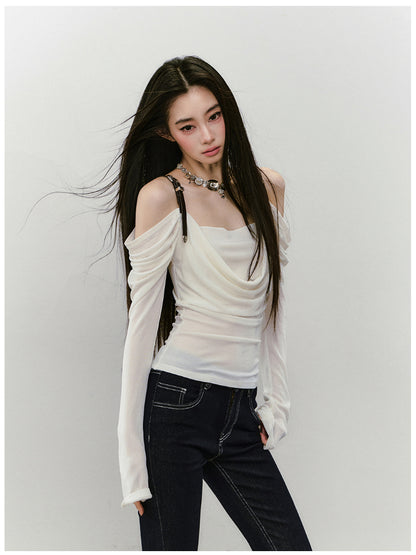 Draped Neck Leather Strap Acetate One-shoulder T-shirt - CHINASQUAD