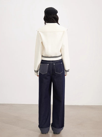 Contrast Trim Zip-Up Sailor Collar Knit Cardigan