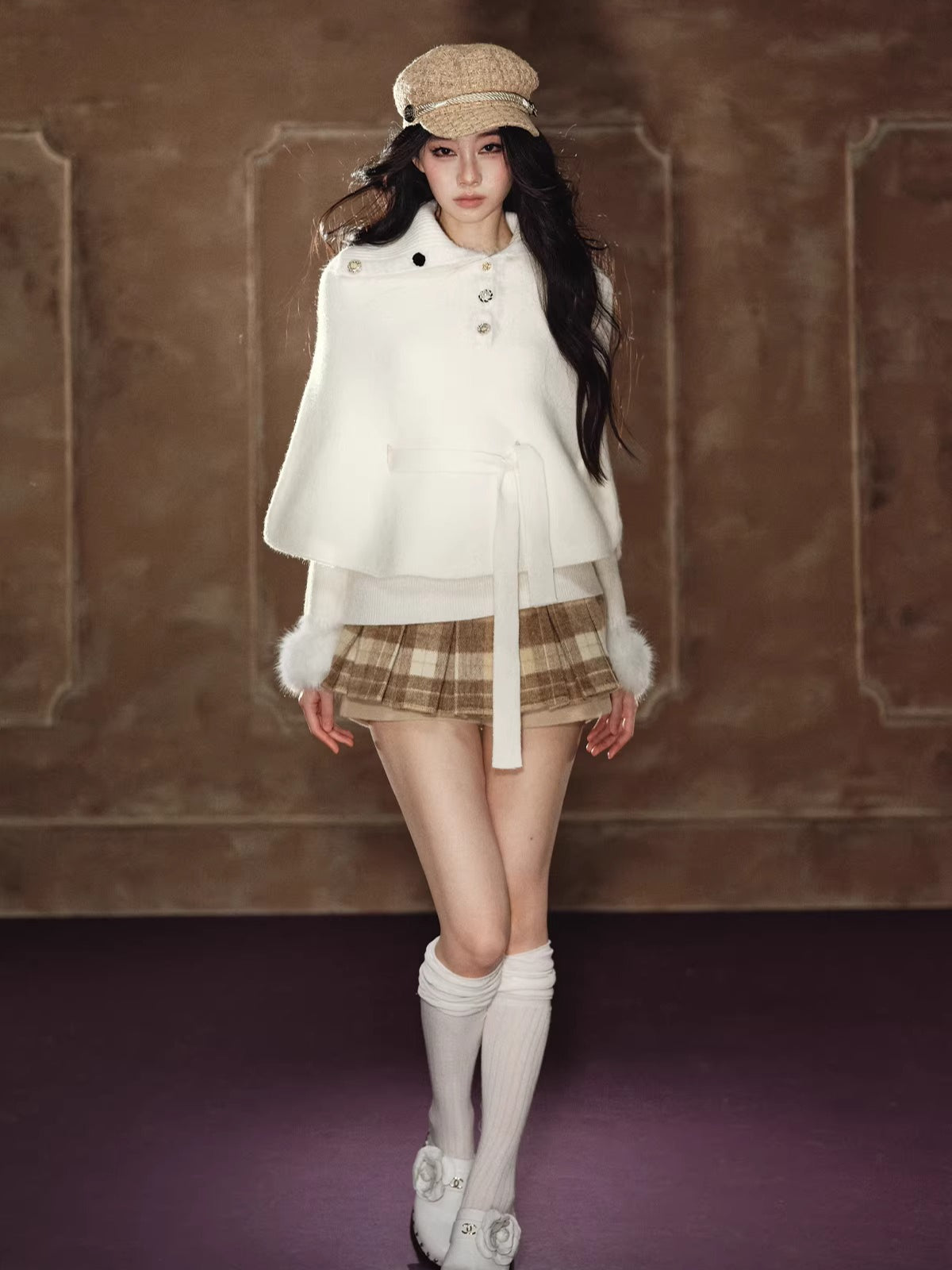 Faux Fur Base Top &amp; Waist-Cinching Cape Knit Set