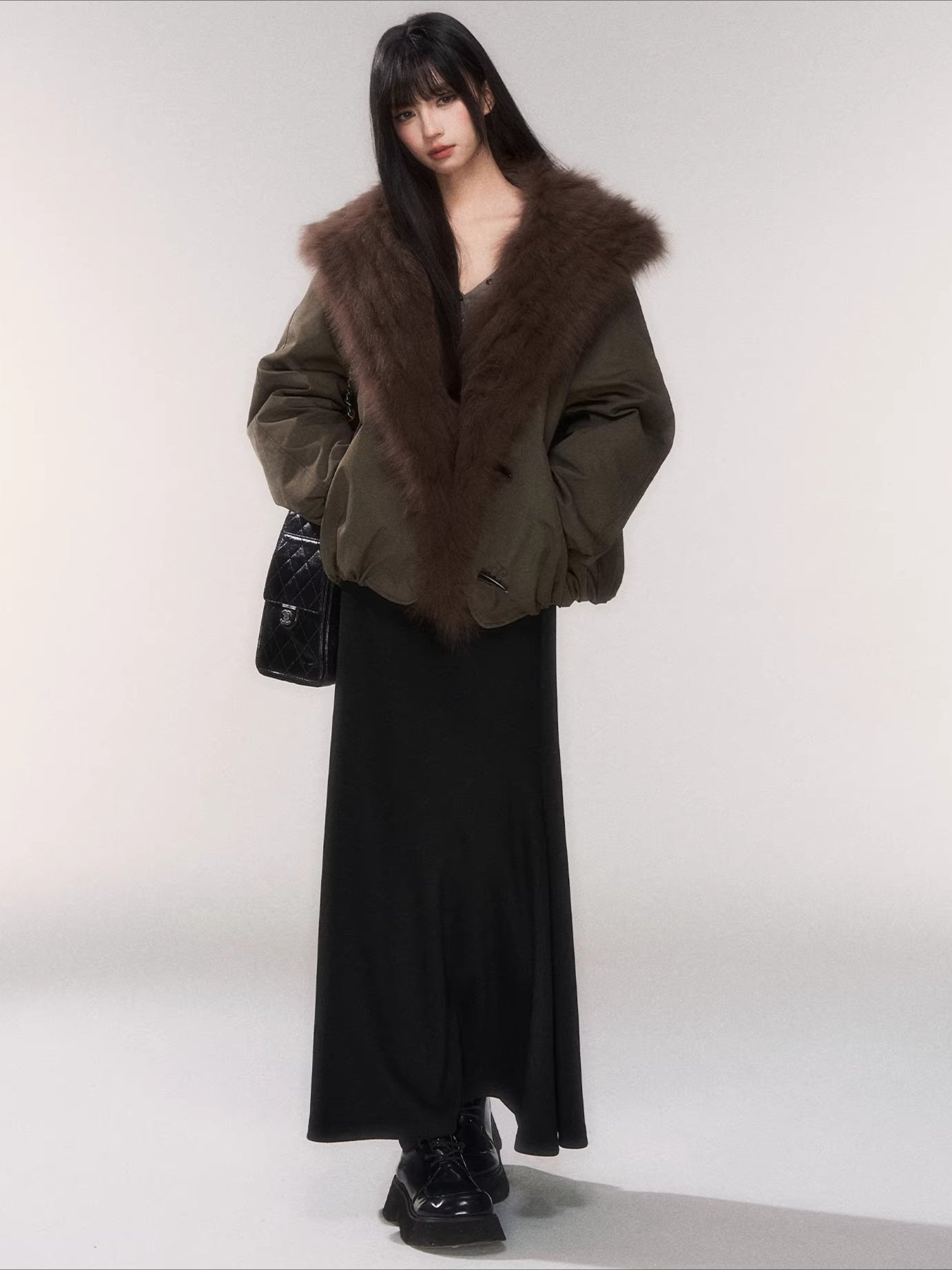 Fur Collar Goose Down Cropped Puffer Jacket