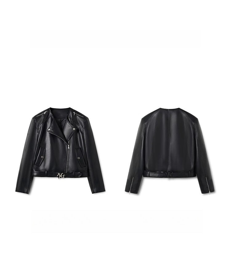 &quot;Dejembe Series&quot;Satin-Finish PU Leather Moto Jacket