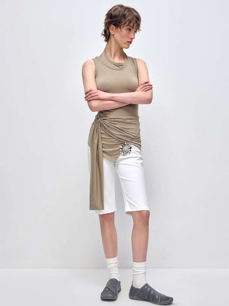 Fake Two-Piece Sleeveless Halter Tie T-shirt