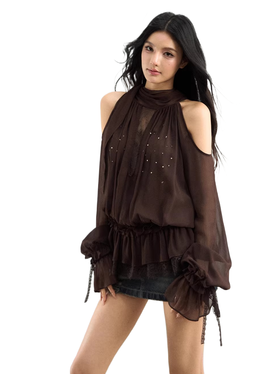 Rhinestone Sheer Chiffon Blouse