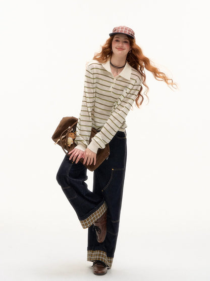 Plaid Cuff Wide-Leg Jeans