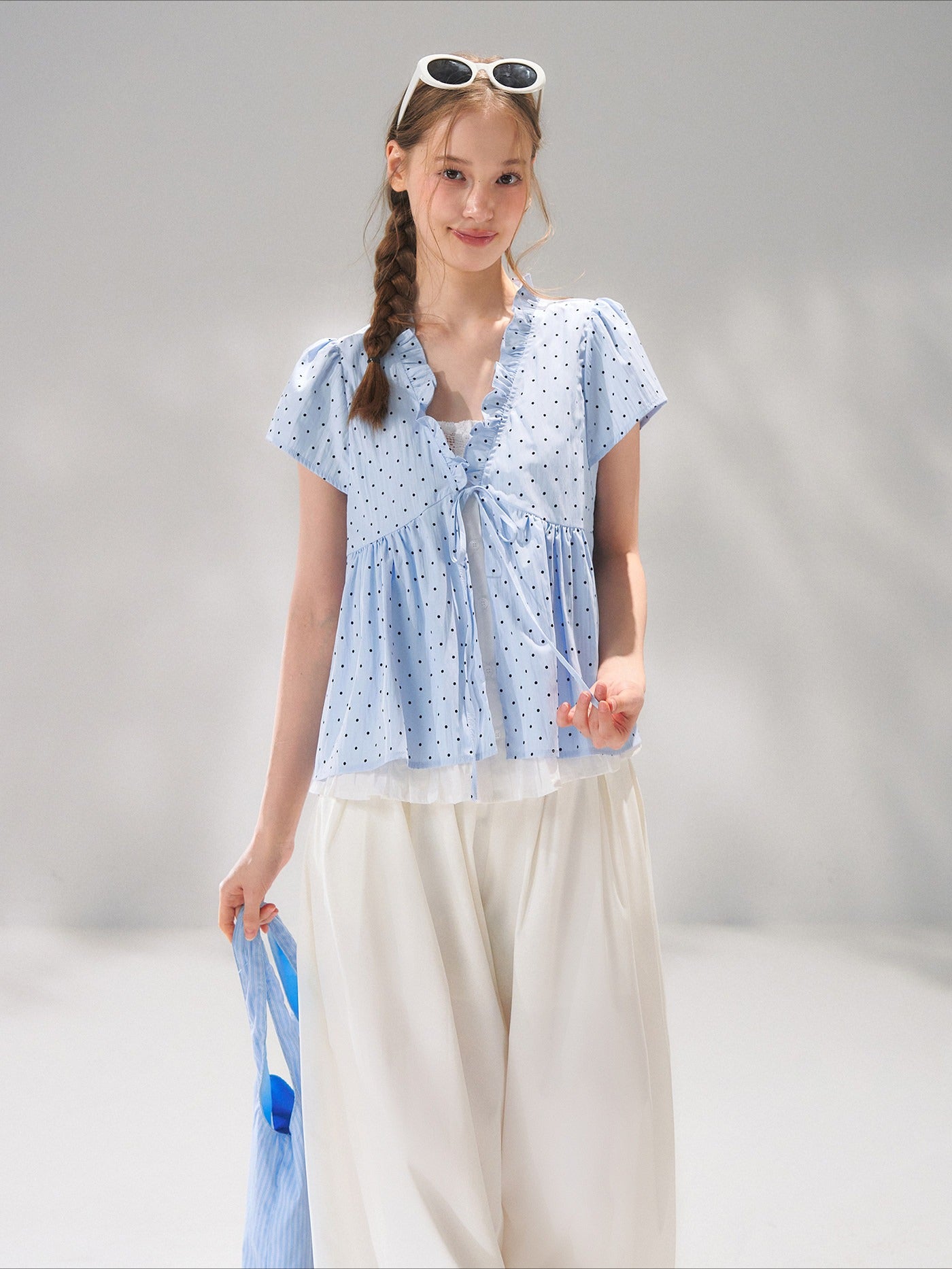 Ruffled Trim Polka Dot Layered Blouse