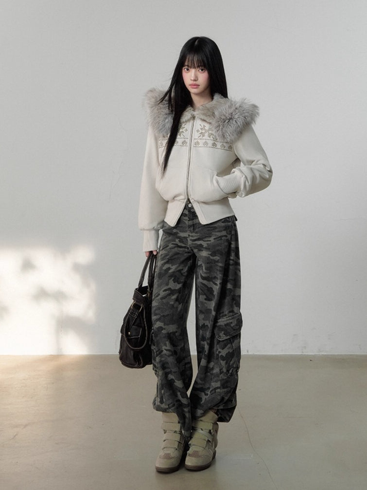 Vintage Rivet Embellished Fleece Hoodie Jacket