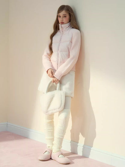 Cream Knit-Panel Down Jacket