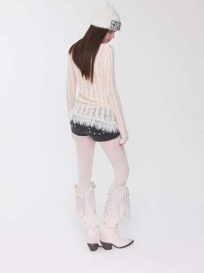 Cable-Knit Faux-Fur Trim Fitted Sweater