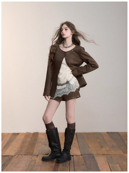 Rivet Suede-Like Waist-Defined Jacket