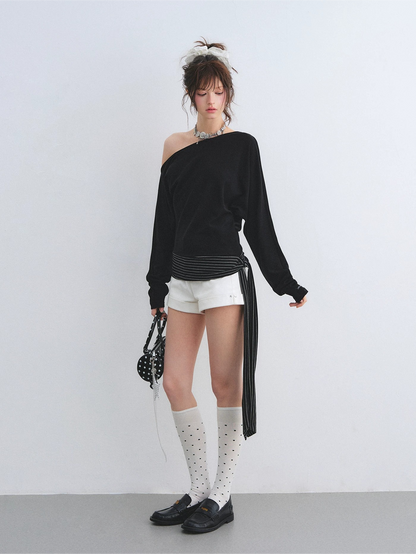 Asymmetric Batwing Sleeve Striped Tie-Hem Long Sleeve Top
