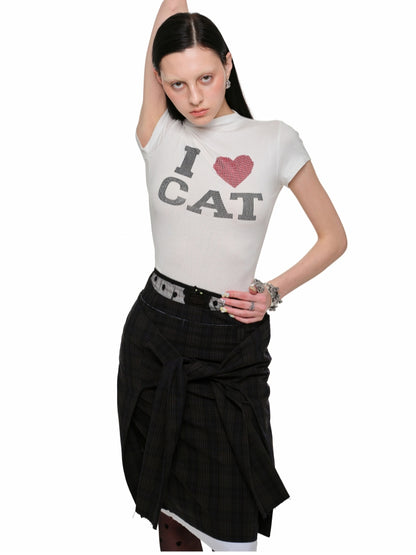 &quot;I ♥ CAT&quot; Rhinestone Fitted T-shirt