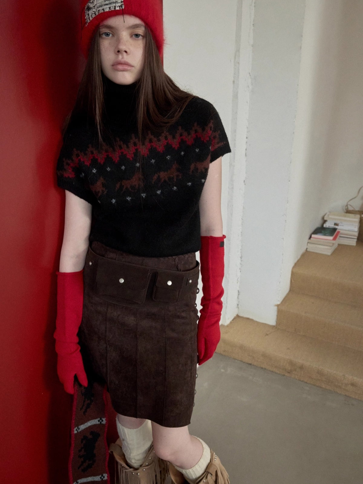 Suede Studded High-Waist Midi Skirt