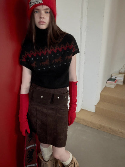 Suede Studded High-Waist Midi Skirt