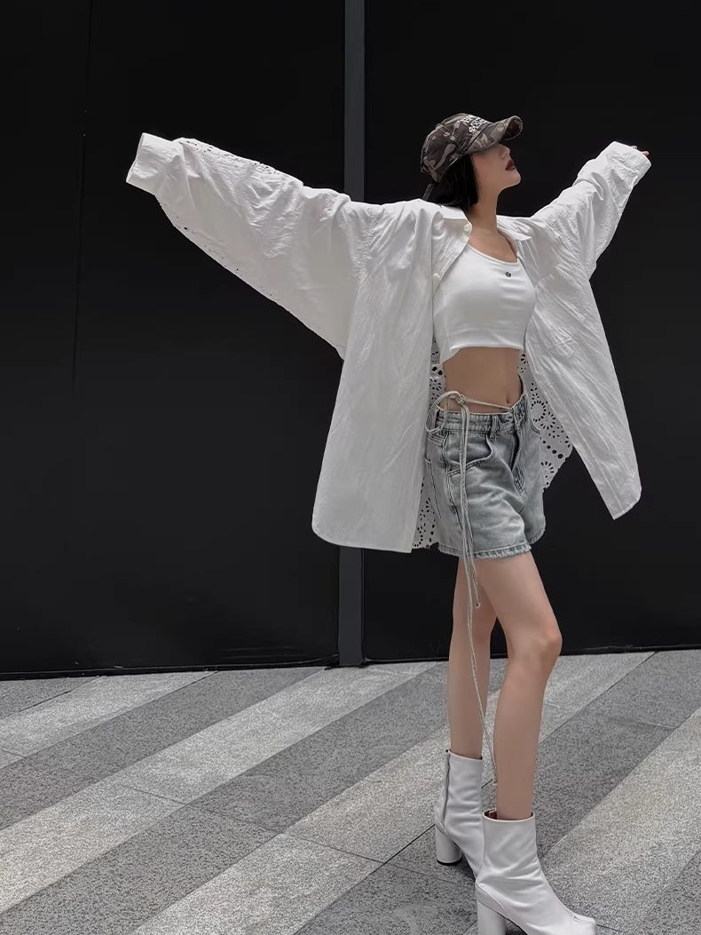 Embroidered Panel Oversized Cotton Shirt