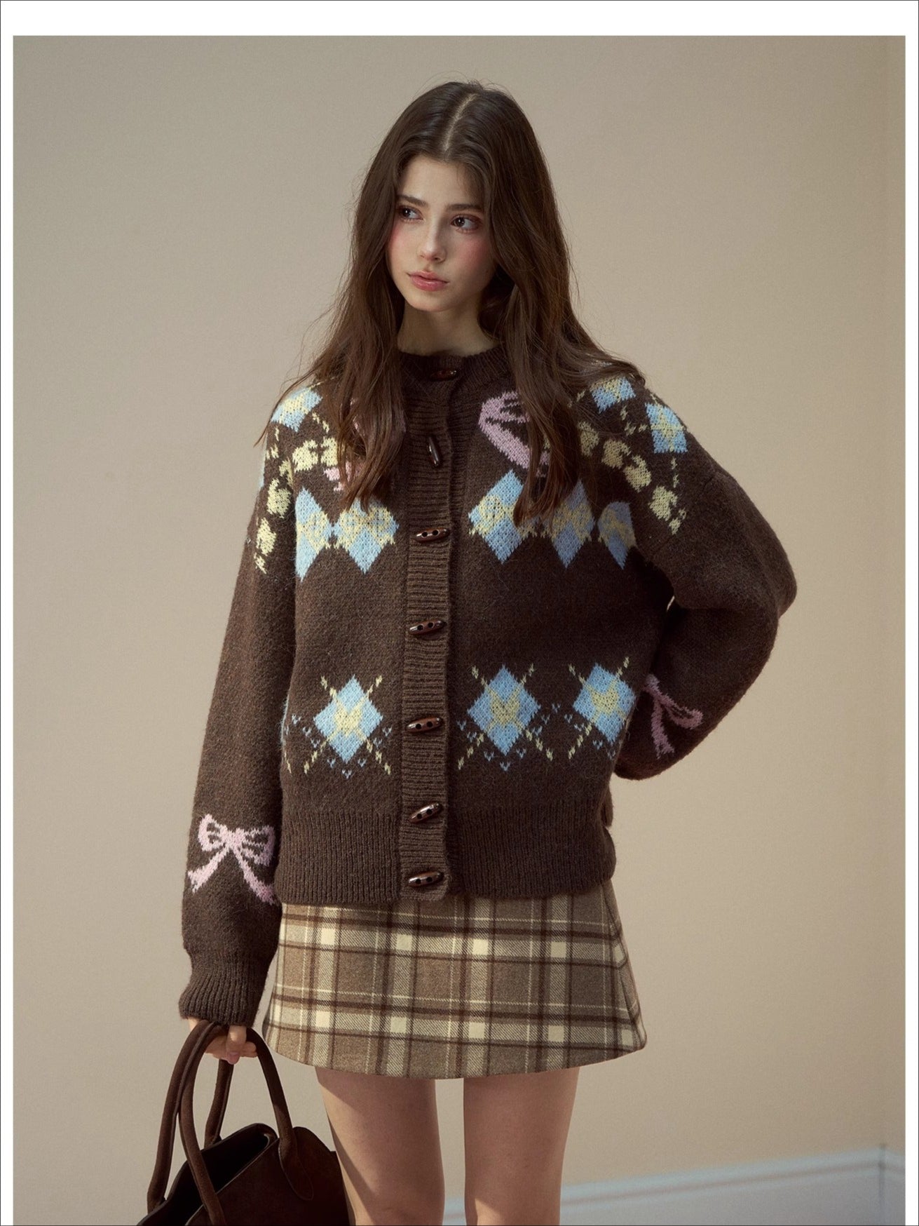 Bow-Knot Fair Isle Toggle Knit Cardigan